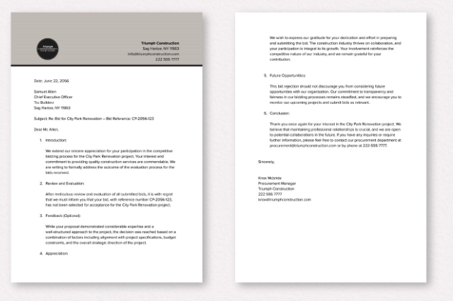 Google Docs Construction Bid Rejection Letter Template by Template.net